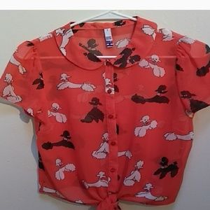 Tie-front Peter Pan Collar Poodle-print Shirt